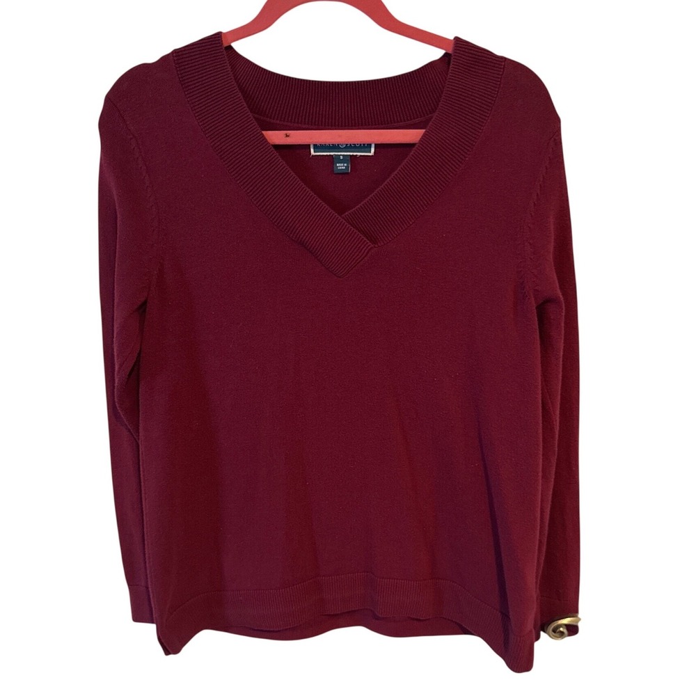 Karen Scott Women's Burgundy 100% Cotton V-Neck Pullover Sweater Size S Classic